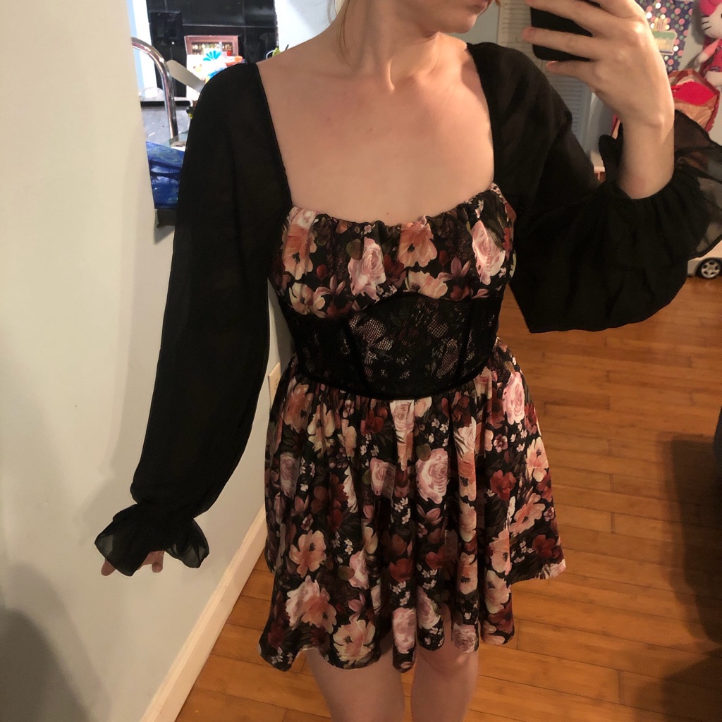 Floral Mini Dress With Velvet And Lace Corset And Black Sheer Balloon Sleeves